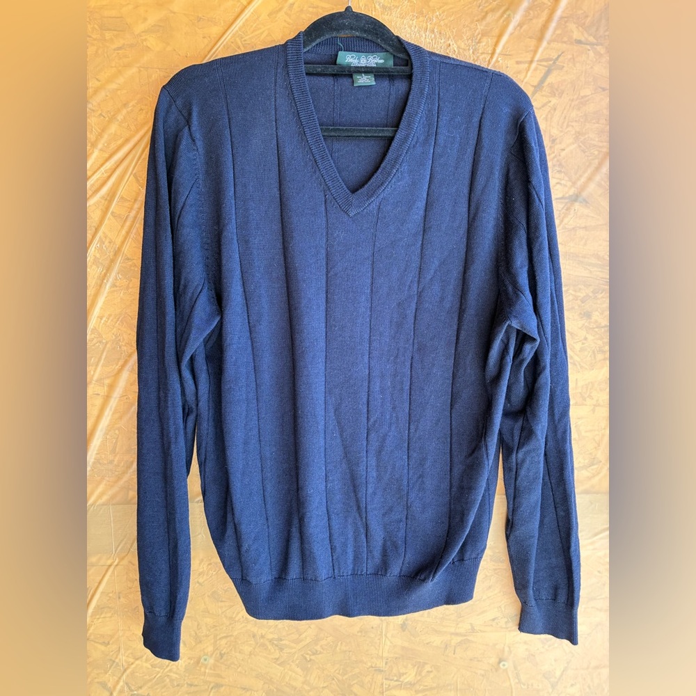 Brooks Brothers Navy Blue Merino Wool & Silk V-Neck Sweater Size Large